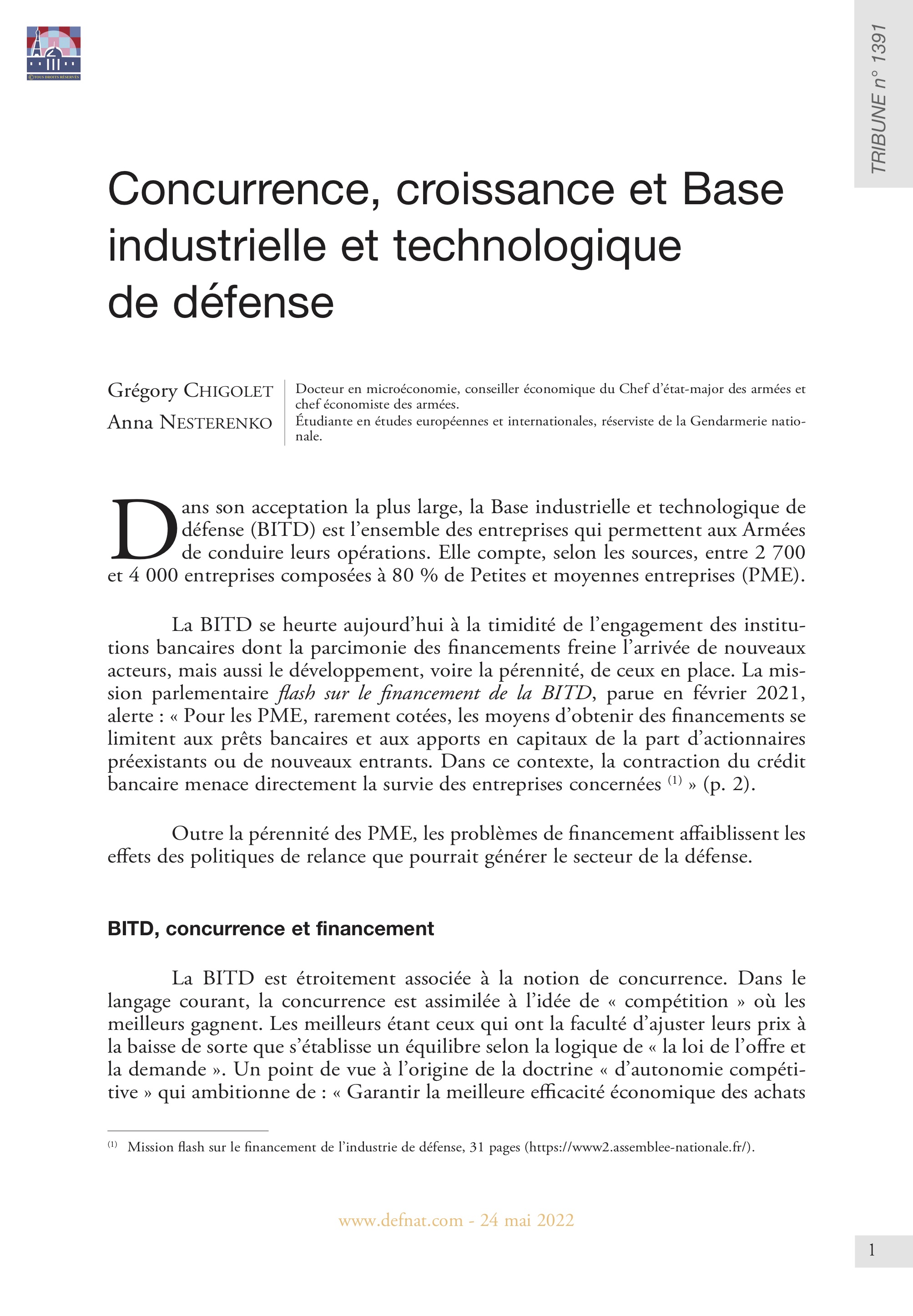 Concurrence, croissance et Base industrielle et technologique de défense (BITD) (T 1391)
